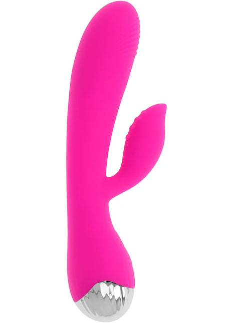 Vibrant pink silicone rabbit vibrator with metallic silver base ohmama wiederaufladbar 10 vibrationsmodi 19 cm
