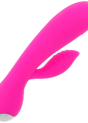 Hellpinkfarbener silikon vibrator in kaninchenform mit silberner basis und 10 vibrationsmodi von ohmama