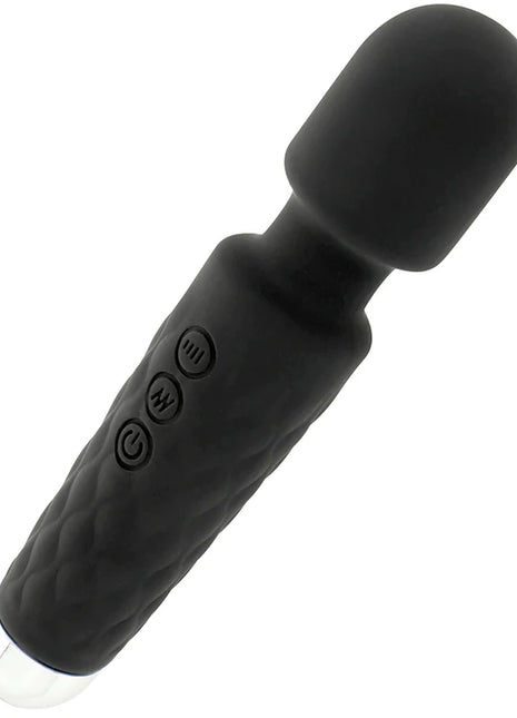 Ohmama wiederaufladbares massager wand in schwarz mit silikonummantelung texturiertem griff und drei steuerungstasten