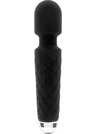 Schwarzer silikonummantelter ohmama wand-massager mit texturiertem griff drei bedientasten und silberner metallspitze