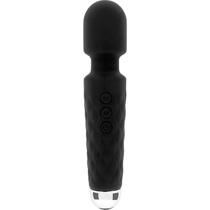 Schwarzer silikonummantelter ohmama wand-massager mit texturiertem griff drei bedientasten und silberner metallspitze