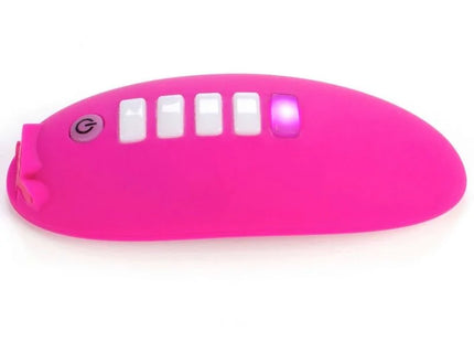 Vibrant pink silicone ohmibod lightshow-lichtstimulator with five white buttons and glowing purple light on the right side