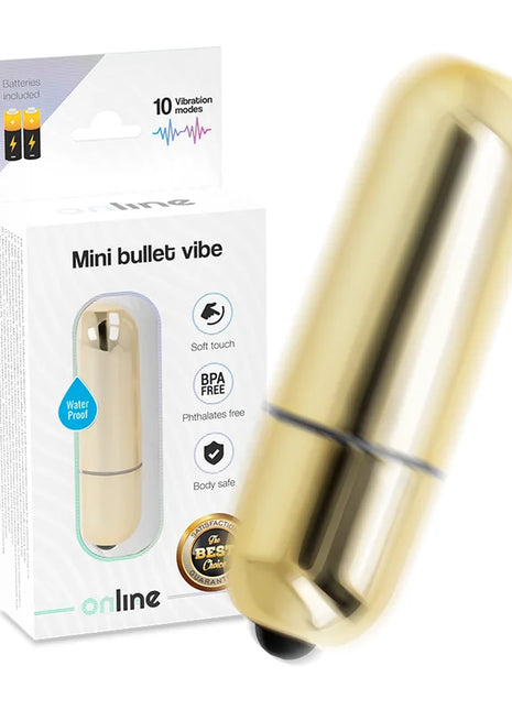 Sleek goldene mini vibrationskugel in zylinderform mit glatter metallischer oberfläche und schwarzer spitze