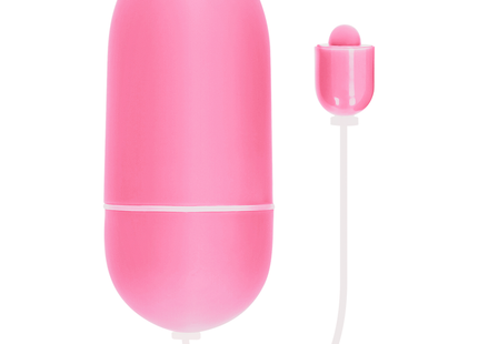 Rosa silikon vibrations-ei mit passendem bulb-förmigem spitzen verbunden durch weißen kabel wasserfest