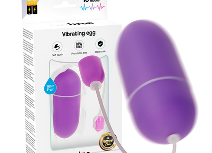 Wasserfestes vibrazionei in flieder mit weißem kabel und rosa stecker neben verpackung gezeigt
