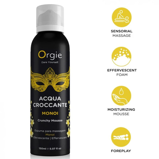 Schwarze aerosolflasche mit goldenem ornamentmaskendesign und weißem deckel für orgie acqua croccante monoi crunchy mousse