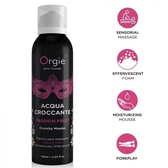 Orgie acqua croccante passion fruit knuspriger massageschaum in schwarzer dose mit weißer sprühdüse und pinkem maskendesign