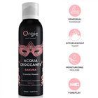 Orgie acqua croccante sakura crunchy massage mousse 150 ml schwarze dose mit rosa maskenmotiven und weißem deckel