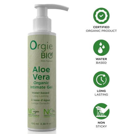 Eine hellgrüne zylindrische flasche orgie bio aloe vera bio-intimgel auf wasserbasis mit weißem pumpspender