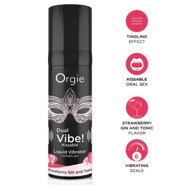 Schwarze dual vibe flüssigkeitsvibrator von orgie mit silberner maskenverzierung und erdbeer-gin-tonic aroma