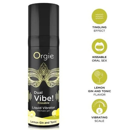 Schwarze zylindrische dose orgie dual vibe kussbarer flüssigkeitsvibrator mit zitronen-gin-tonic-geschmack