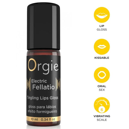 Schwarze roll-on flasche orgie elektrisches fellatio vibrierender kribbelnder lippen glanz mit goldenen buchstaben und vibrationsskala