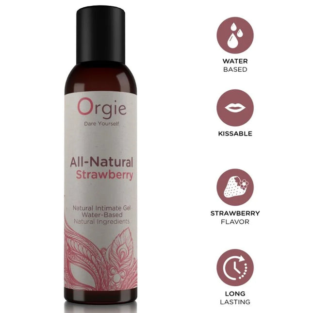 Ein schlankes bernsteinfarbenes glasfläschchen mit schwarzem deckel und weißem etiket mit rosa floralen mustern, orgie ganz natürliches erdbeer-kussbares intimgel auf wasserbasis 150 ml