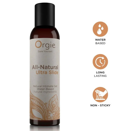 Braune glasflasche mit schwarzem deckel und beigem etikett mit goldenen blättermotiven für natürliches intimgel orgie ultra gleitfähig auf wasserbasis 150 ml