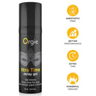 Schwarze zylindrische sprayflasche orgie xtra time delay gel mit silberner maskenoptik ohne anästhetika 15 ml