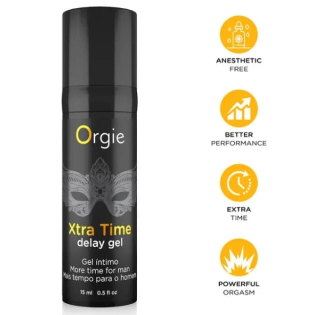 Schwarze zylindrische sprayflasche orgie xtra time delay gel mit silberner maskenoptik ohne anästhetika 15 ml