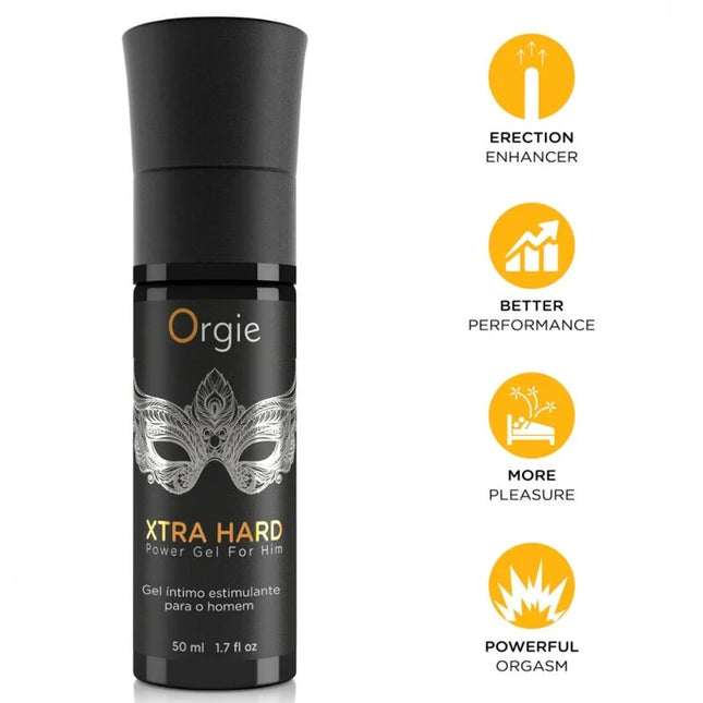 Schwarze zylindrische flasche orgie xtra hard power gel für ihn mit silberner maskenverzierung und goldener schrift 50 ml
