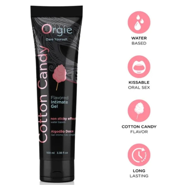 Schwarze tube orgie gleitgel auf wasserbasis mit zuckerwatte-duft und rosa text inklusive zuckerwatte grafik