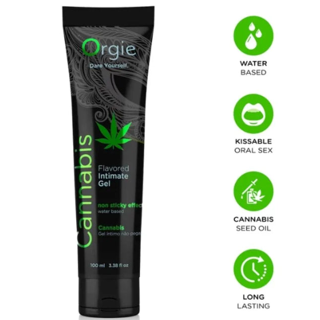 Schwarze tube orgie cannabis aromatisiertes gleitgel auf wasserbasis 100 ml mit grünem branding und hanfblatt logo