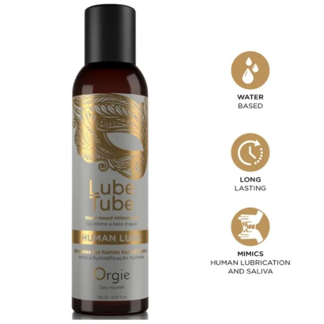 Ein dunkles bernsteinfarbenes 150 ml wasserbasiertes intimgel von orgie mit schwarzem verschluss und goldgeprägtem maskendesign