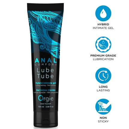 Schwarze tube anal comfort von orgie mit türkisornamenten und weißer schrift für anal comfort hybrid intimgel