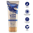 A sleek beige orgie lube tube intimate gel with gold cap blue wing design water-based extra moisturizing non-sticky 150 ml