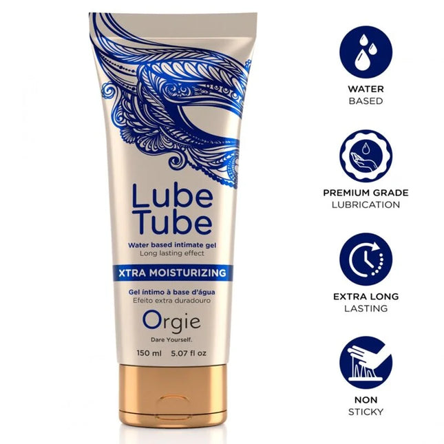A sleek beige orgie lube tube intimate gel with gold cap blue wing design water-based extra moisturizing non-sticky 150 ml