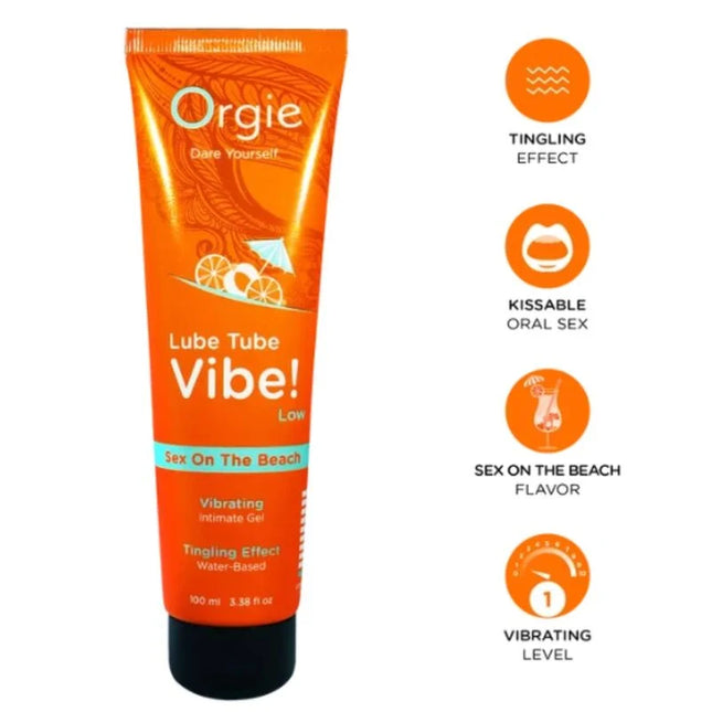 Orange tube vibe von orgie mit schwarzem deckel und strandmotiv für küssbares intimgel mit leichtem kribbeln 100 ml