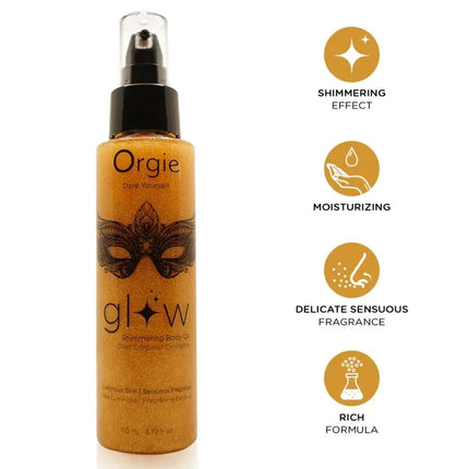 Orgie glow schimmerndes körperöl 110 ml in elegantem transparentem flakon mit schwarzem pumpkopf und goldschimmer für strahlende haut