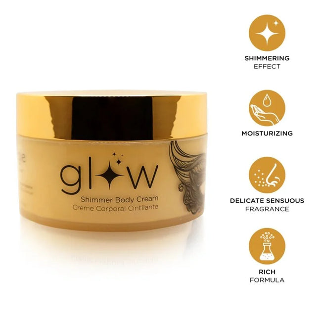 Orgie glow shimmer leichte schimmer-körpercreme in goldenem behälter mit metallischem deckel und eleganter schwarzer schrift