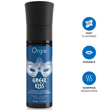 Blaue zylindrische flasche orgie griechisches kuss anallingus stimulierungsgel minze 50 ml mit schwarzem deckel und silberner maske