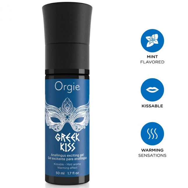 Blaue zylindrische flasche orgie griechisches kuss anallingus stimulierungsgel minze 50 ml mit schwarzem deckel und silberner maske