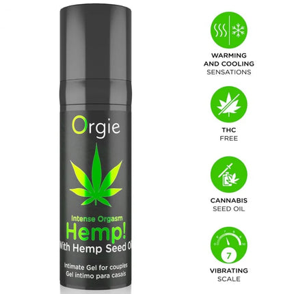 Schwarze zylindrische flasche orgie hanf intensives organsmus intimgel mit grünem cannabisblatt thc-frei aus hanfsamenöl 15 ml