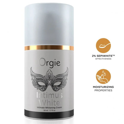 Silberne zylindrische tube orgie intimus white intimaufhellungscreme 50 ml mit goldband und maskendesign auf dem etikett