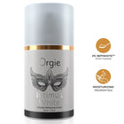 Silberne zylindrische tube orgie intimus white intimaufhellungscreme 50 ml mit goldband und maskendesign auf dem etikett
