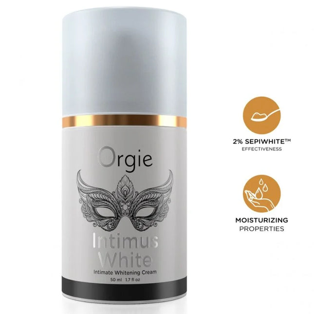 Silberne zylindrische tube orgie intimus white intimaufhellungscreme 50 ml mit goldband und maskendesign auf dem etikett
