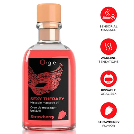 Eine klare glasflasche mit pfirsichfarbenem verschluss enthält pinkes erdbeer-aromatisiertes therapy kussmassageöl orgie