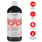 Schwarze plastikflasche orgie noriplay energizer body to body nuru massagegel mit weißem deckel und rotem maskenlabel