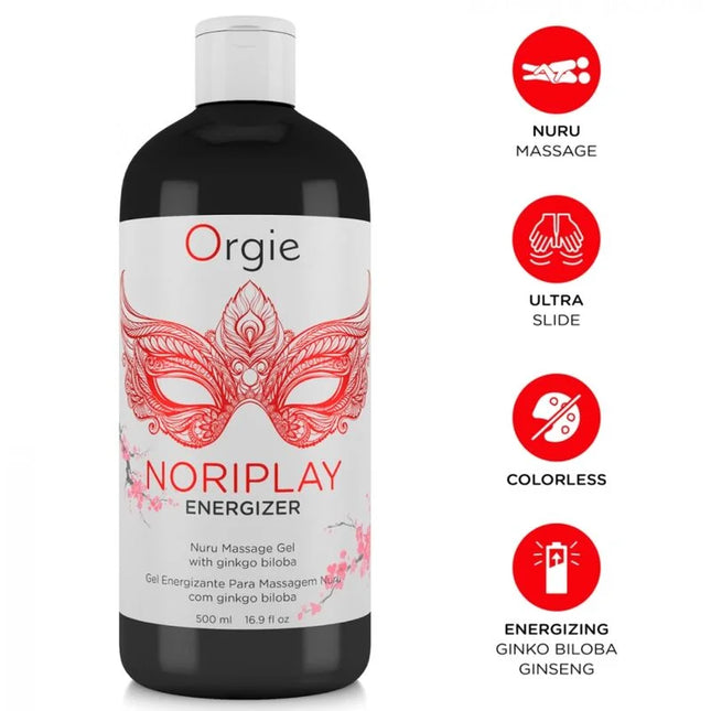 Schwarze plastikflasche orgie noriplay energizer body to body nuru massagegel mit weißem deckel und rotem maskenlabel