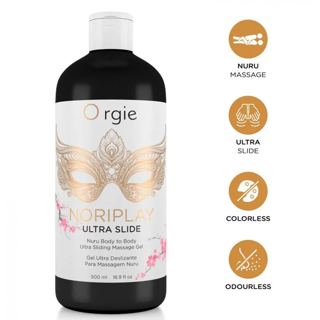 Schwarze kunststoffflasche mit weißem etikett und goldenem maskendesign noriplay ultra slide body-to-body nuru massagegel