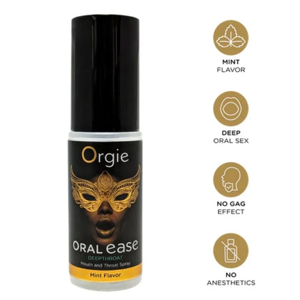 Schwarze und goldene sprayflasche orgie oral ease mund und rachenspray minze 50 ml mit dekorativer goldmaske