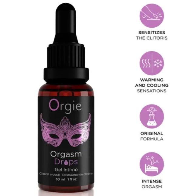 Schwarze glasflasche mit schwarzem tropfverschluss orgie orgasamtropfen zur klitorismusförderung 30 ml mit violettem maskendesign