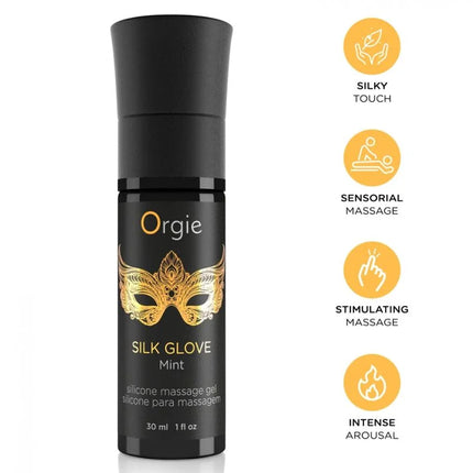 Schwarze zylindrische orgie silikonmassagegel-flasche mit goldener maskenverzierung für pearl lust massage-set 30 ml