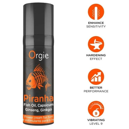 Schwarze zylindrische dose orgie piranha power creme für ihn 15 ml mit orangefarbenem fischgraphic und inhaltsstoffen