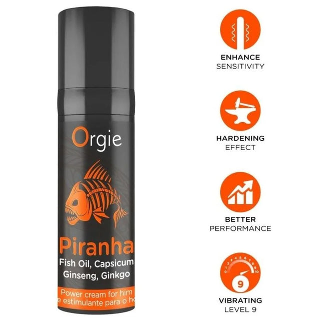 Schwarze zylindrische dose orgie piranha power creme für ihn 15 ml mit orangefarbenem fischgraphic und inhaltsstoffen