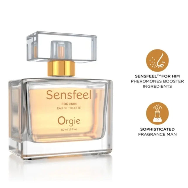 Klarer rechteckiger glasflakon mit goldkappe und transparentem stopper, enthaltend bernsteinfarbenes pheromon booster eau de toilette orgie