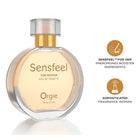 Ein durchsichtiges glasfläschchen mit goldkappe und blassem bernsteinfarbton enthält die pheromon booster eau sensfeel für frau eau de toilette