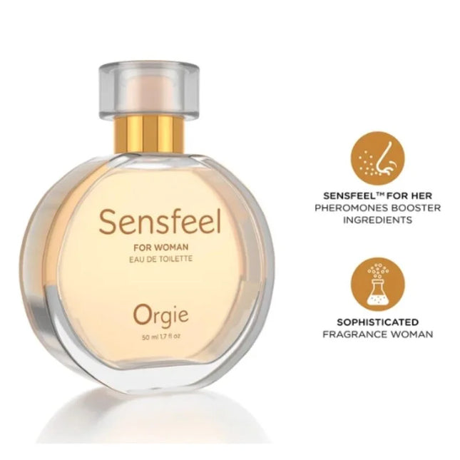 Ein durchsichtiges glasfläschchen mit goldkappe und blassem bernsteinfarbton enthält die pheromon booster eau sensfeel für frau eau de toilette