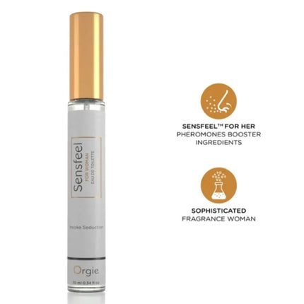 Ein schlanker silberner und goldener rollerball parfumflakon mit minimalistischer etikette als pheromon booster eau in reisegröße 10 ml
