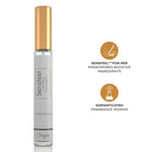 Ein schlanker silberner und goldener rollerball parfumflakon mit minimalistischer etikette als pheromon booster eau in reisegröße 10 ml